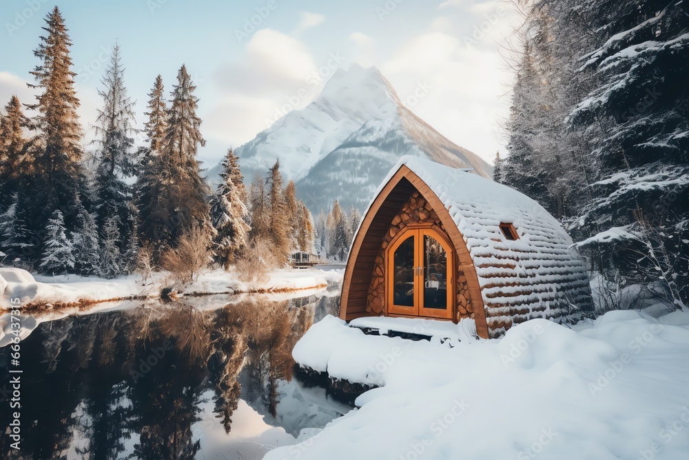 Winter landscape with cabin in lake and mountain view - obrazy, fototapety, plakaty 