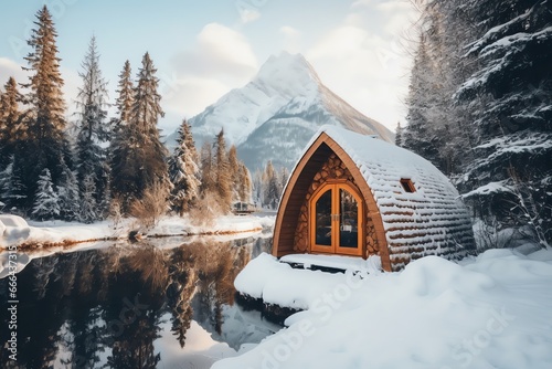 Winter landscape with cabin in lake and mountain view photo