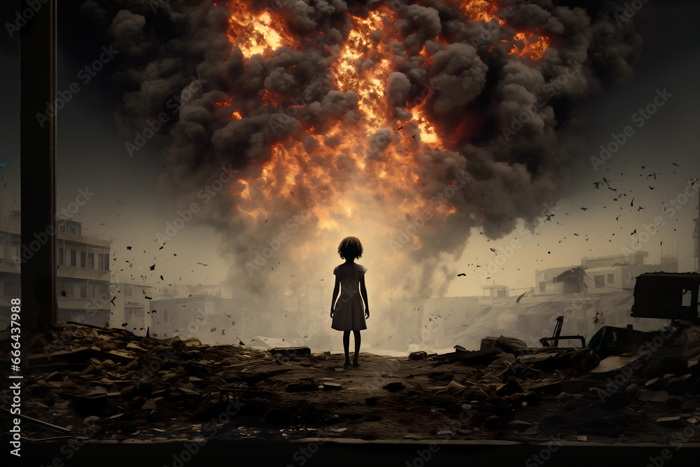 Fototapeta premium A little girl looks at her home that has been devastated by war