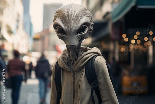 Alien or stranger on the street of the city. Portrait with selective focus and copy space