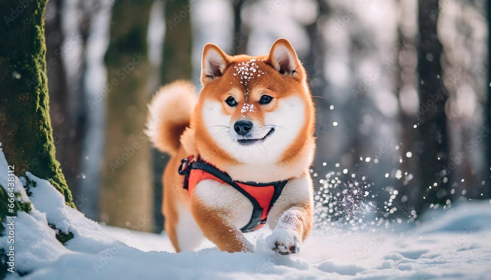 Cute Shiba inu dog in the snow, winter background