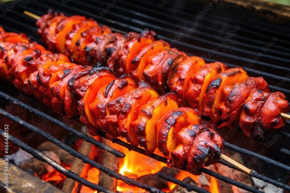 grilled octopus tentacles on metal skewers over hot grill coals
