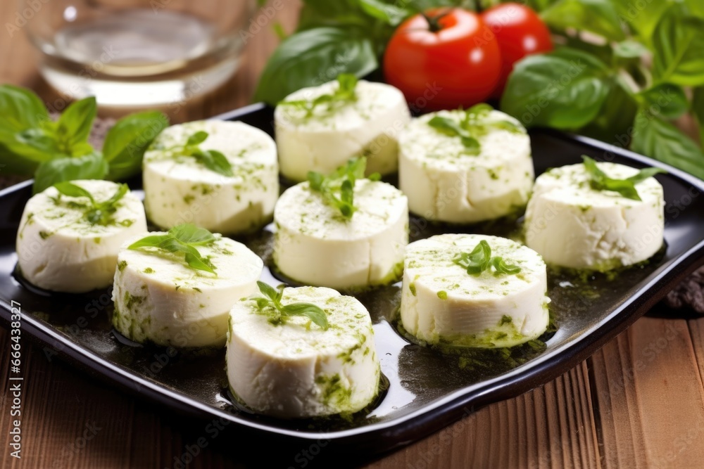a collection of goat cheese rounds on a tray a collection of goat cheese rounds on a tray