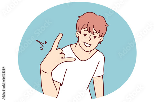 Cool young man show hand gesture. Smiling millennial guy demonstrate sign or symbol. Youth culture concept. Vector illustration.