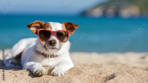 Dog in sunglasses lies and rests on the seashore
