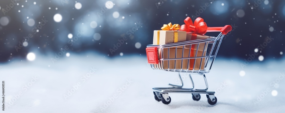 miniature shopping cart with christmas gifts on winter background