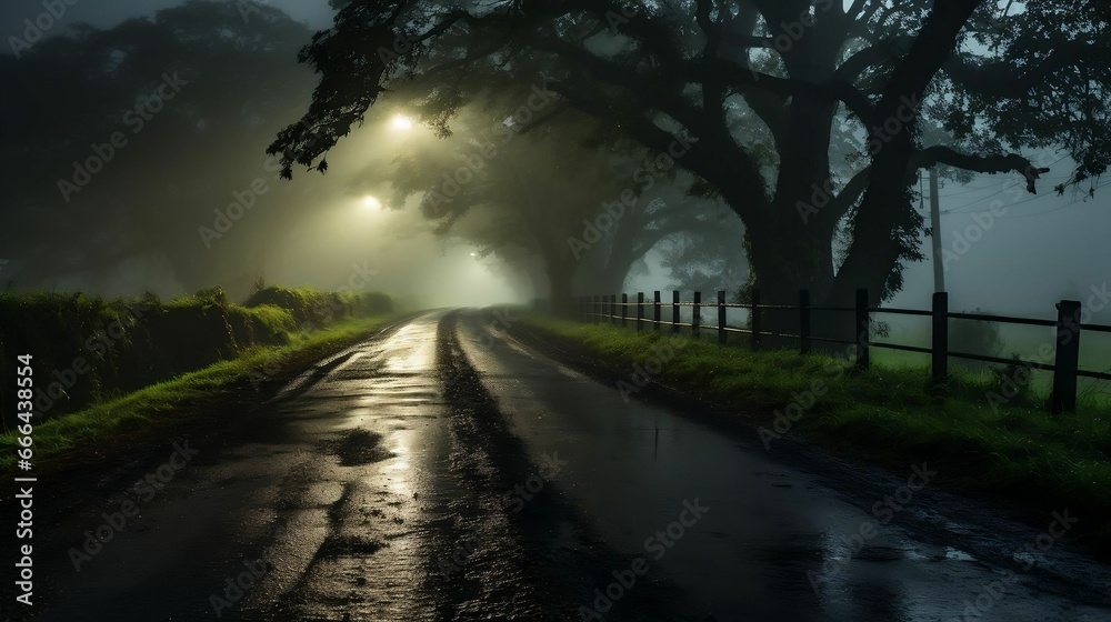 Fog settling on a quiet, dimly lit country road
