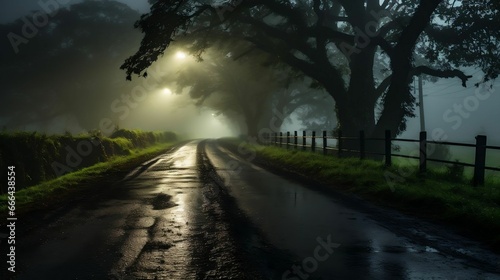 Fog settling on a quiet, dimly lit country road 