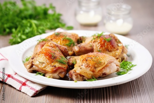 cooked chicken thighs on a white dish with herbs