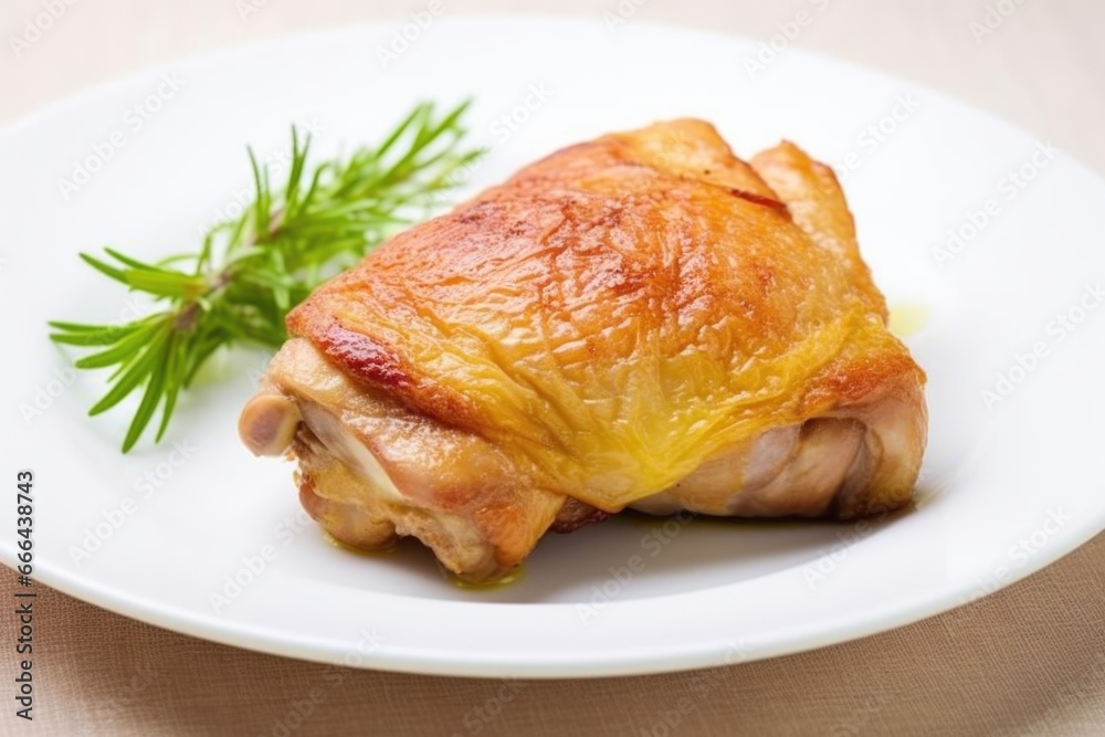 macro of chicken thigh fully cooked on a white plate macro of chicken thigh fully cooked on a white plate