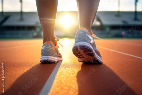 Active and Determined: Close-Up of Female Runner's Feet in Tennis Shoes on a Track