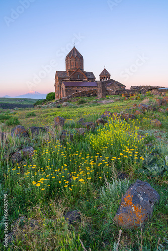 View of Hovhannavank, a medieval monastery along the Kasagh River canyon in the village of Ohanavan in the Aragatsotn Province of Armenia. photo