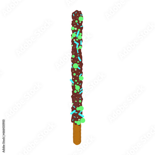 Chocolate chip cookie stick dipped in sprinkles. Decorated popping candy for Pepero day in Korea. Frosted biscuit cake. Vector illustration