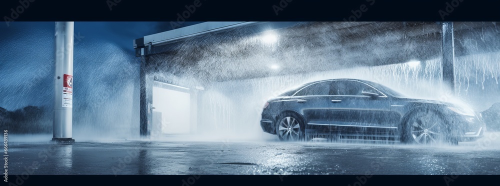 Sparkling Car Wash Background with Shiny Vehicles, Foam, Water Droplets, and Copy Space