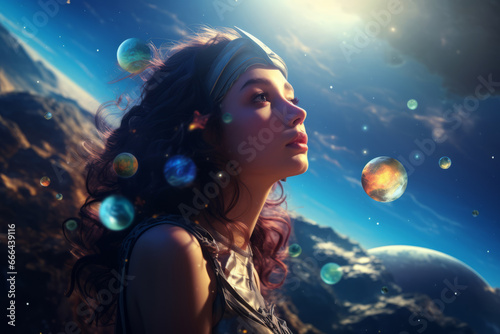 Girl in a space with planet in the background
