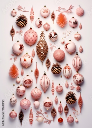Festive Christmas Baubles and Pine Cones on White Background with Copy Space