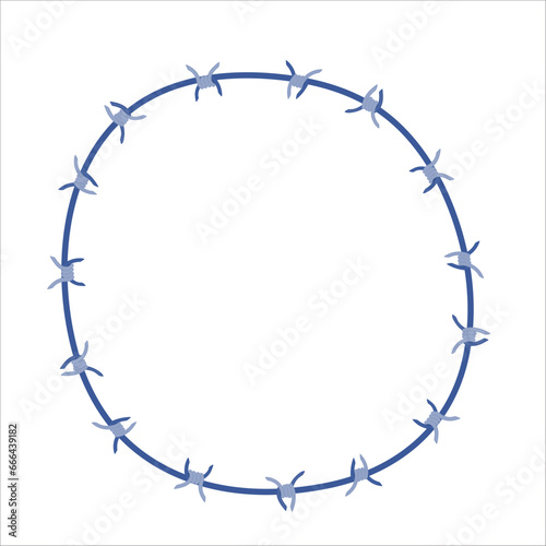 Barbed wire ring fence border illustration. Round frame with sharp thorns of barbwire barrier zone. Protection and security concept. Vector illustration.