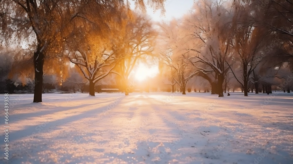 Golden sunbeams casting warm glows on the snowy ground
