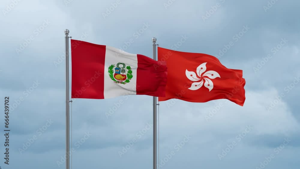 Hong Kong flag and Peru flag waving together on cloudy sky, endless seamless loop, two country relations concept Hong Kong flag and Peru flag waving together on cloudy sky, endless seamless loop, two country relations concept
