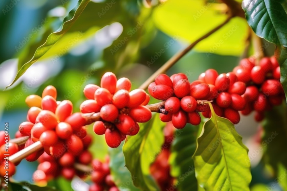 close-up of coffee beans on branches