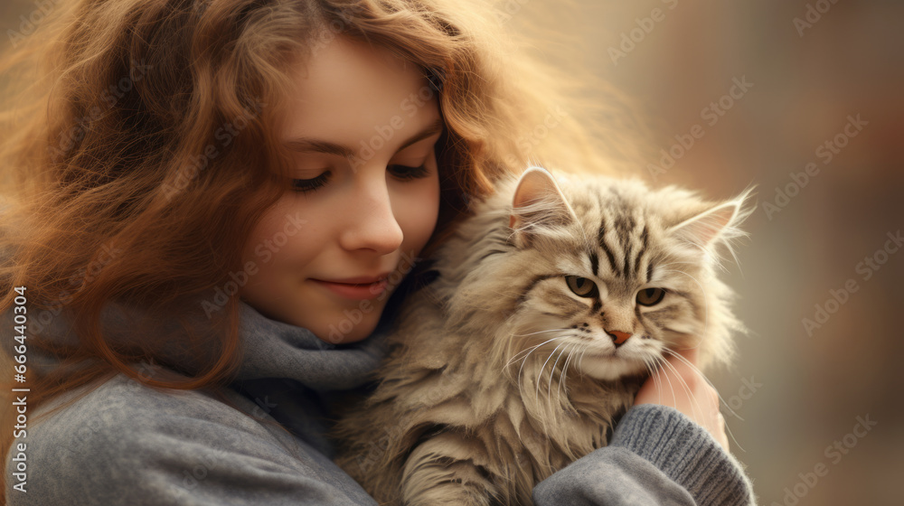 Heartwarming embrace. Girl is hugging a cat in hands