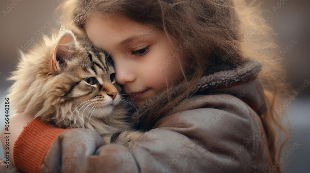 Heartwarming embrace. Girl is hugging a cat in hands Heartwarming embrace. Girl is hugging a cat in hands