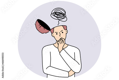 Pensive young man with open head think of problem solution or generate idea. Confused male brainstorm solve trouble or look for innovative thought. Vector illustration.