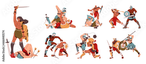 Roman gladiators set. Spartan soldiers, ancient warriors with weapon, blade. Muscular legionaries war on coliseum arena with sword, shield, spear. Flat isolated vector illustration on white background