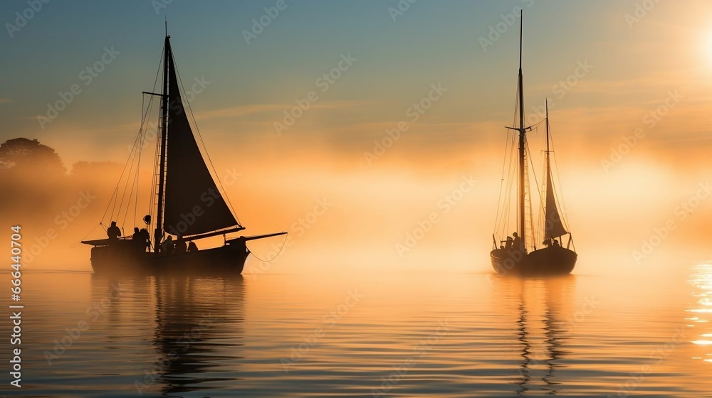 Silhouettes of boats emerging from the misty harbor
