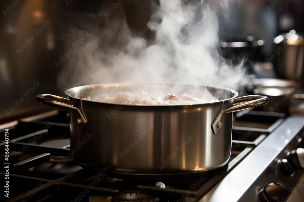 a boiling pot on the stove with steam rising a boiling pot on the stove with steam rising