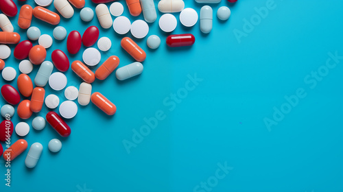 the photograph shows tablets and capsules on a blue background