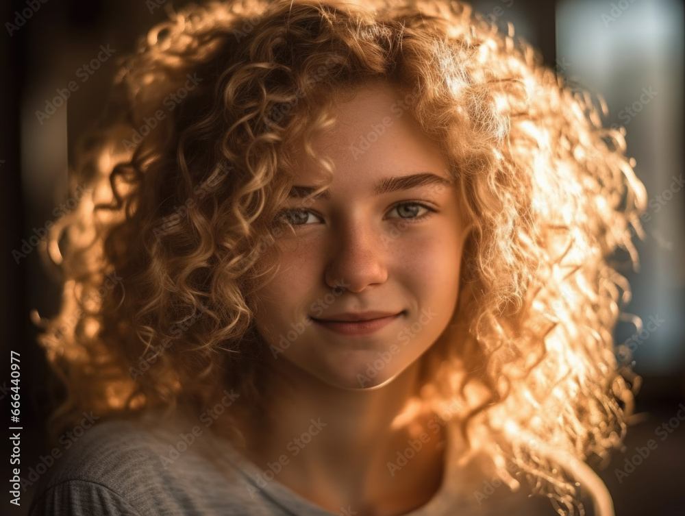Girl with curly hair is posing for a photo. Girl with curly hair is posing for a photo.