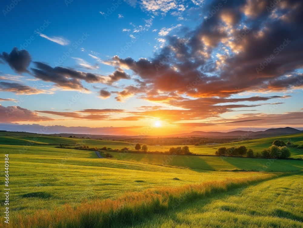 Vibrant hues of orange and pink fill the sky as the sun sets over a serene countryside.