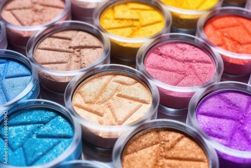 close-up of bright eye shadows pressed and packaged