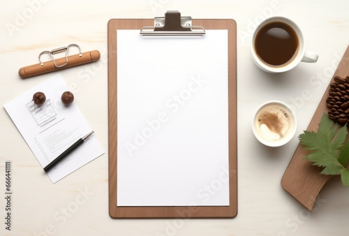 Minimalist Coffee Break with Cup, Pen, and Notebook on Flat Background