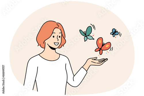 Smiling young woman with butterflies flying near hand. Happy female enjoy wild nature and outdoors. Vector illustration.