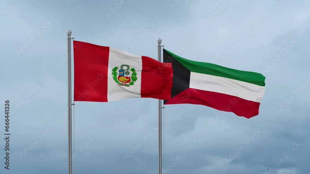 Kuwait and Peru flag waving together on cloudy sky, endless seamless loop, two country cooperation concept Kuwait and Peru flag waving together on cloudy sky, endless seamless loop, two country cooperation concept
