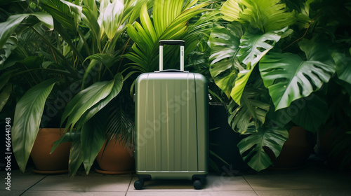 Luggage suitcase stands against green exotic leaves and plants