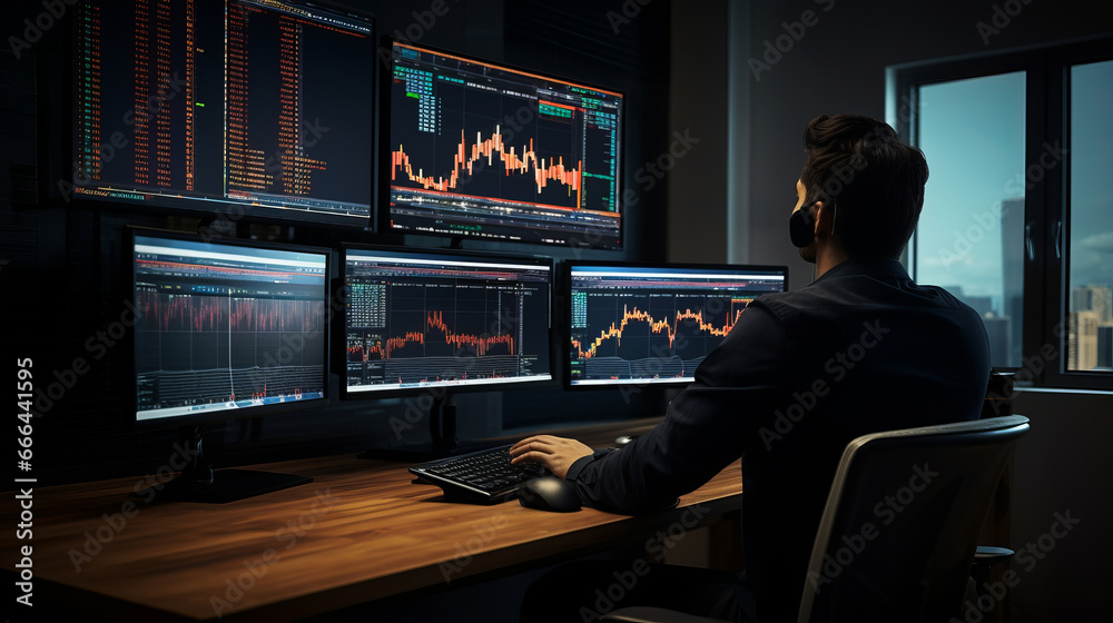 Male trader at work on a computer with multiple screens Male trader at work on a computer with multiple screens