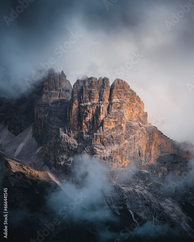 View of moody mountain peaks in the Dolomites, Italy. photo