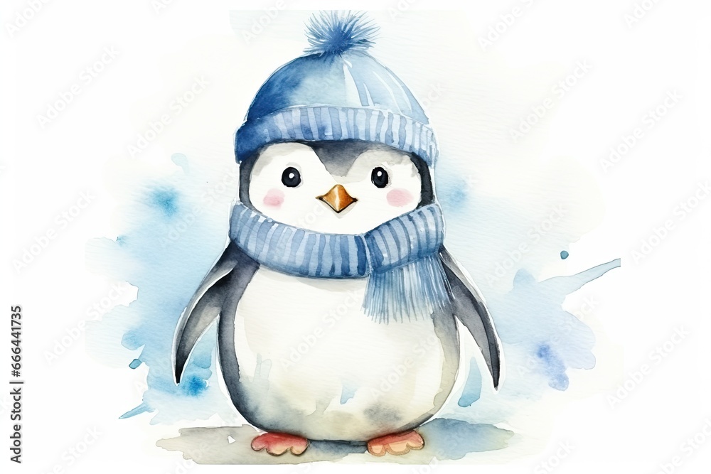 cute little penguin with scarf and cap watercolor design cute little penguin with scarf and cap watercolor design