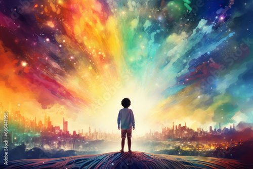 Child in rainbow colored imaginary world