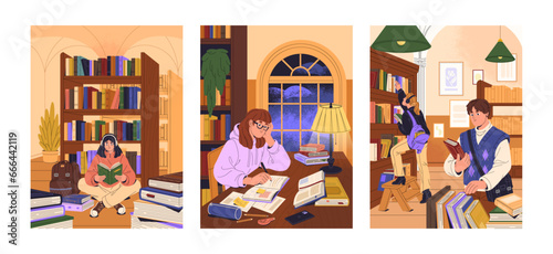 People reading in public library set. Student sitting, study between book pile, girl do homework, pupils search, choose learning literature in bookcase, bookshelves. Education flat vector illustration