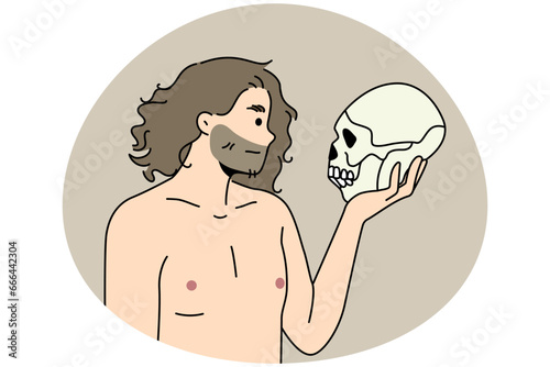 Neanderthal man holding in arms talking to ancestor skull. Prehistoric male with ancient human head braincase in hands. Vector illustration.