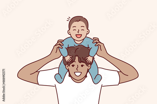 Man put baby on neck and laughed, rejoicing at presence of younger brother or beloved son. Happy young guy rolls baby and takes care of infant for concept celebrating father day and thanking parents
