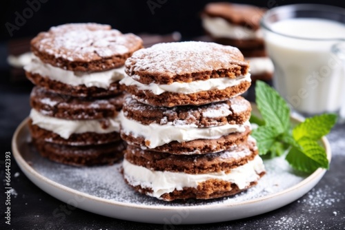 stacking cookie sandwiches filled with cream