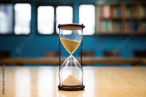 a hourglass against a classroom background