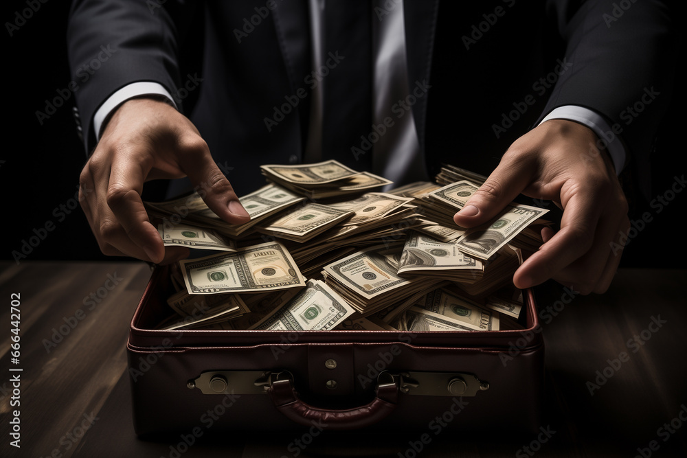 businessman opening an old suitcase with dollars banknote in it, business and finance concept, Generative Ai. - obrazy, fototapety, plakaty 