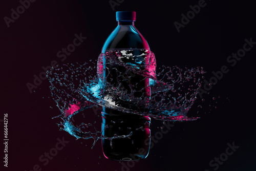 3D render of water swirling around plastic bottle photo