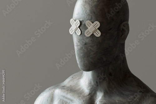 Face of mannequin with band aid eyes against gray background photo